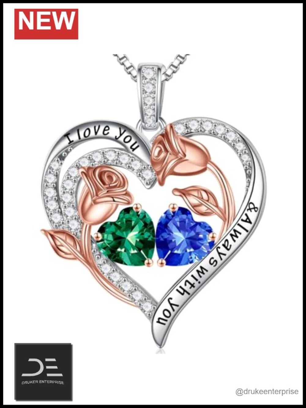 925 Sterling Silver Double Heart Birthstone Necklace for Women
